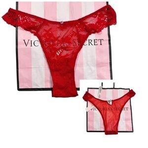 NEW Victoria's Secret Red‎ Lace Mesh Panty Rhinestone Bow Detail Small Brazilian